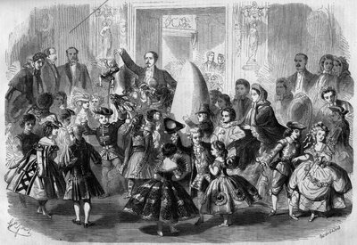 Ballo dei bambini in onore di Eugene Louis Napoleon (1856-1879), figlio di Napoleone III. Parigi, 3 aprile 1861. Il Principe Imperiale (al centro) è deluso come Pierrot. Incisione in "Le Monde Illustré" n°210 del 20 aprile 1861 da French School