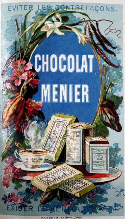 Pubblicità del cioccolato "Menier" con la dicitura "Evitare contraffazioni" da French School