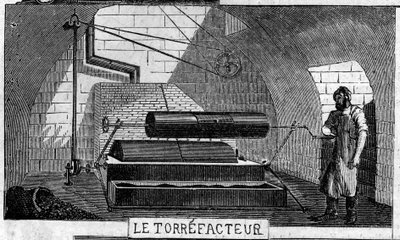Produzione di cioccolato: il torrefattore. Fabbrica di M. Masson, Parigi da French School
