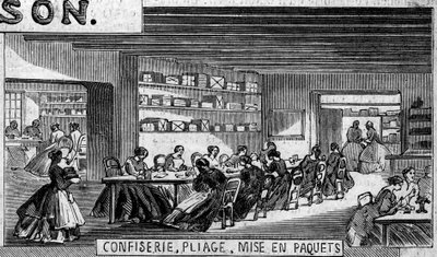 Fabbricazione del cioccolato: confezione di cioccolatini, officina di piegatura e confezionamento. Fabbrica di M. Masson, Parigi da French School
