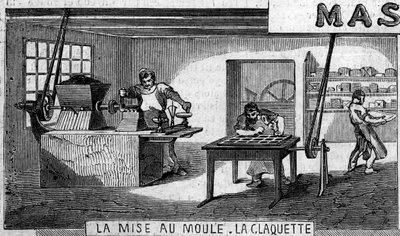 Fabbricazione del cioccolato: pesatura e stampaggio, rubinetto. Fabbrica di M. Masson, Parigi da French School
