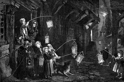 Usanza cristiana - Epifania - 1860: bambini di un villaggio in Normandia con lanterne che camminano per le strade. Incisione in 