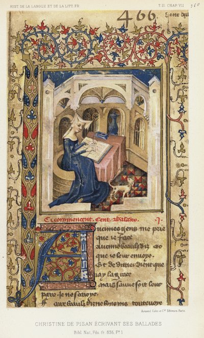 Christine De Pisan che scrive le sue ballate (litografia a colori) da French School