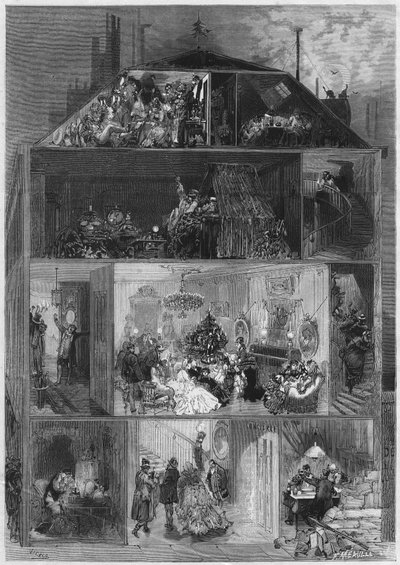 Vigilia di Natale: sezione trasversale di un edificio parigino che presenta diversi modi di celebrare la vigilia di Capodanno. Incisione in "Le Monde Illustré" n. 810 del 19 ottobre 1872 da French School