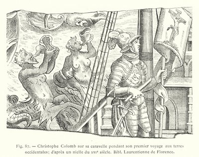 Cristoforo Colombo sulla sua caravella durante il suo primo viaggio verso le terre occidentali; secondo un niello del XVI secolo, Biblioteca Laurenziana di Firenze da French School