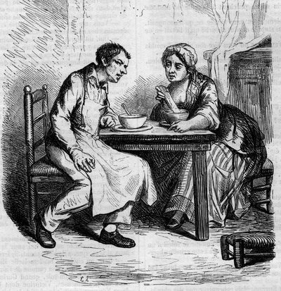 Christophe e la grassa Sylvie: domestici che fanno colazione. Incisione metà XIX secolo. Illustrazione per 