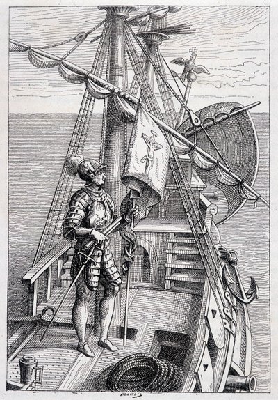Cristoforo Colombo sul suo rimorchio, ill. "Scoperta della Terra" di Jules Verne, ed. Hetzel, XIX secolo da French School