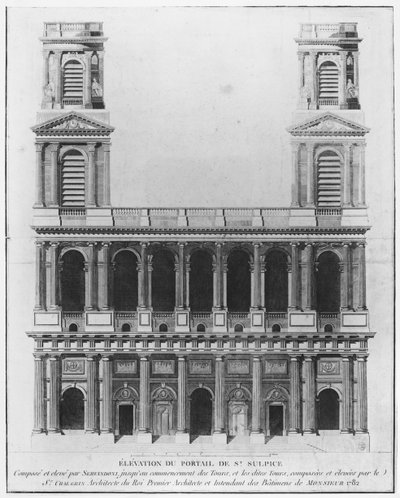 Chiesa di Saint-Sulpice, elevazione della facciata, Parigi, 1782 da French School