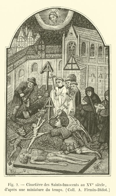 Cimitero dei Santi Innocenti nel XV secolo, secondo una miniatura dell