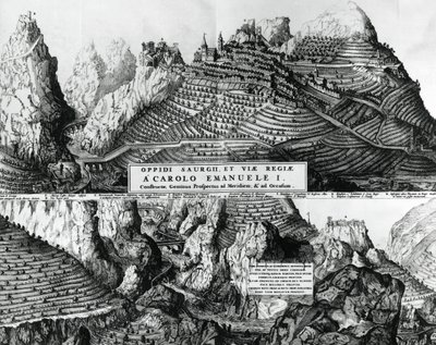 Città di Saorge, Francia, sotto il dominio dei Savoia, incisione da French School