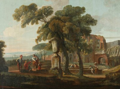 Paesaggio classico con urna da French School