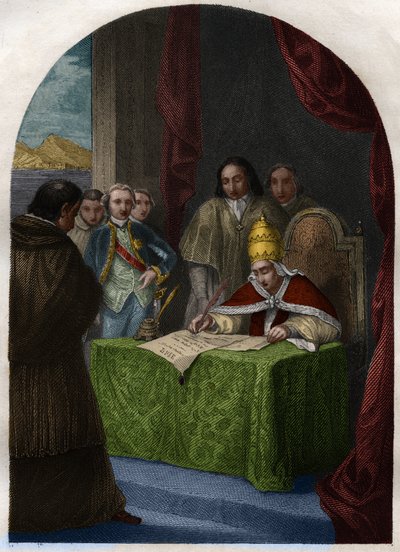 Clemente XIV (1705-1774) abolisce la Compagnia di Gesù il 21 luglio 1773. Incisione del 1842 in "Histoire des popes: crimes, murders, poisonings, parricides, adulteres, incest..." di Maurice Lachatre. Collezione privata da French School