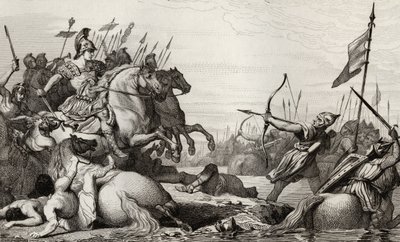 Clodion, Il Peloso (c.428-47) si ritira attraverso il ponte dopo la sua sconfitta da parte di Ezio, da 