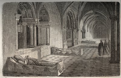 Chiostro di Fontevrault con statue di Enrico II - Eleonora di Aquitania - incisione in "Histoire de France" di Victor Duruy - 1882 da French School