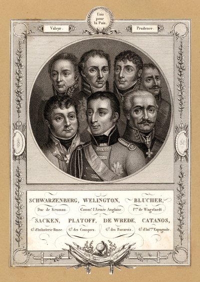 Comandanti militari della coalizione delle guerre napoleoniche: Fabian Gottlieb von der Osten-Sacken, generale di fanteria russo; Matvei Platov, generale russo al comando dei cosacchi del Don; Karl Philipp von Wrede, generale bavarese; Francisco Javier Cas da French School