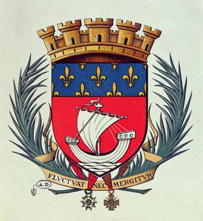 Stemma della città di Parigi con il motto Fluctuat Nec Mergitur (sbattuta dalle onde non affonda) da French School