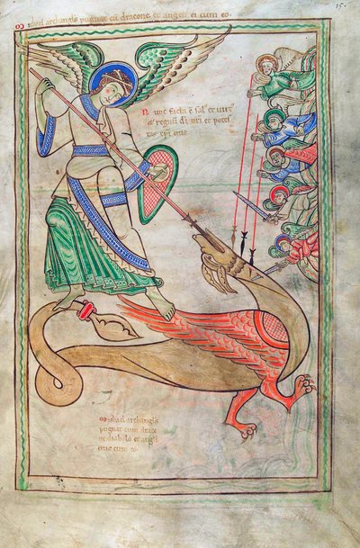 Cod. Guelf. 1 Gud. lat. 15r, San Michele che combatte il Drago, dal Liber Floridus di Lambert de Saint-Omer c.1120 da French School