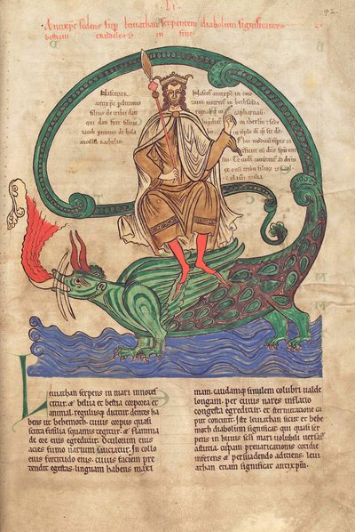 Cod. Guelf. 1 Gud. lat. 42r, Anticristo che cavalca Leviatano, dal Liber Floridus di Lambert de Saint-Omer c.1120 da French School