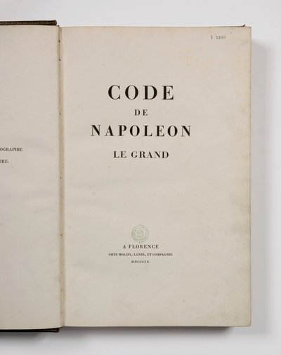 Codice di Napoleone il Grande, aperto alla pagina del titolo, pubblicato a Firenze, Molini, Landi et Cie, 1809 da French School