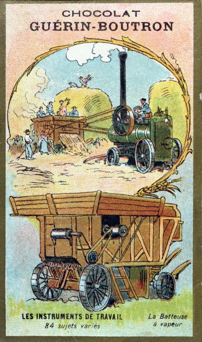 Carta da collezione di Chocolat Guerin-Boutron che raffigura una macchina per la trebbiatura a vapore da French School
