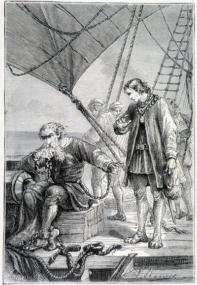 Colombo legato come un malfattore (sul ponte della nave), ill. "Scoperta della Terra" di Jules Verne, ed. Hetzel, XIX secolo da French School