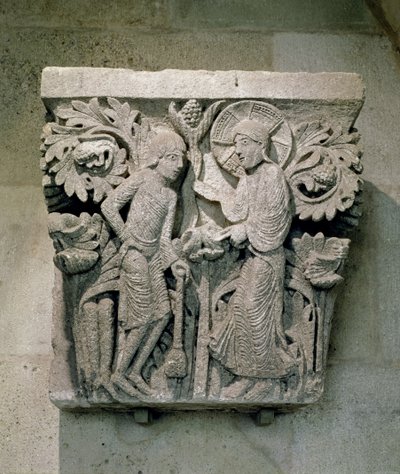Capitello della colonna raffigurante Cristo e Giacomo il Minore, c.1125-30 (pietra calcarea) da French School