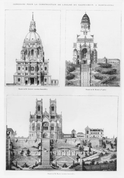 Concorso per la costruzione della Basilica del Sacré-Coeur a Montmartre, progetti di Monsieur Crépinet, Monsieur Moyaux e Monsieur Magne, 1875 da French School