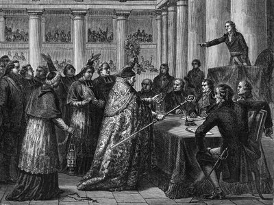 Concordato del 1801 - Firma del Concordato tra la Francia (alla presenza di Napoleone Bonaparte) e la Santa Sede (Santa Sede) (incisione) da French School