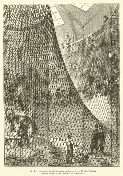 Fabbricazione della rete del pallone aerostatico a vapore di M Henri Giffard, Corderia centrale di MM Fretet e Ce, a Vincennes da French School