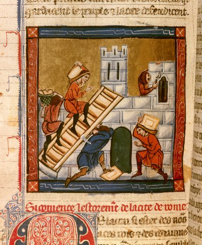 Costruzione di Roma. Miniatura del manoscritto Histoire ancienne à la Cesar, intorno al 1260-1270 scritta da un chierico al servizio della corte di Roger IV, Chatelain di Lille da French School