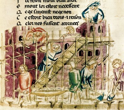 Costruzione di una fortezza, Miniatura di un manoscritto del XIV secolo Parigi, B.N. da French School