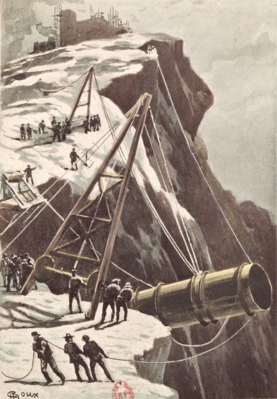 Costruzione di un cannone per il lancio di razzi, da Dalla Terra alla Luna di Jules Verne (1828-1905) pubblicato nel 1865 da French School