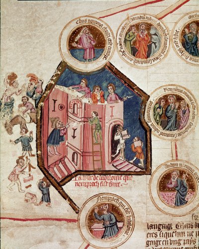 Cantiere della Torre di Babele a Babilonia. Pagina tratta dal manoscritto 