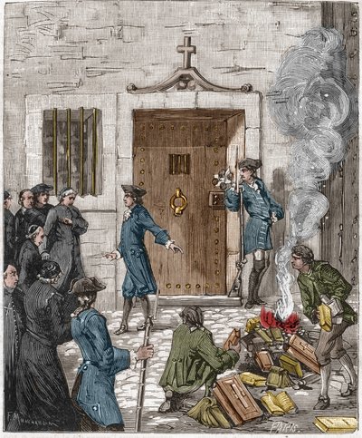 Condanna della Società dei Gesuiti a seguito della decisione del Parlamento di Parigi del 6 agosto 1762. La corte ordinò che più di 24 libri e opere dei Gesuiti fossero bruciati dal boia. Incisione del XIX secolo da French School