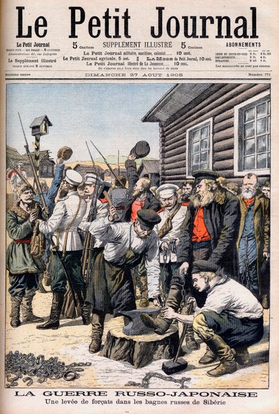 Forzati in Siberia arruolati per combattere nella Guerra Russo-Giapponese. Guerra Russo-Giapponese. Una rivolta di forzati nei bagni penali russi della Siberia. Illustrazione per Le petit Journal, 27 agosto 1905. da French School