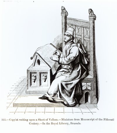 Copista che scrive su un foglio di pergamena, da un manoscritto, illustrazione da Scienza e Letteratura nel Medioevo e nel Rinascimento, scritto e inciso da Paul Lacroix, 1878 da French School