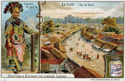 Corea: Strada di Seoul e costume femminile - cromolitografia Liébig, ca. 1900 da French School