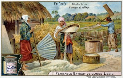 Corea: raccolta del riso, tessitura e trebbiatura - cromolitografia Liébig, ca. 1900 da French School