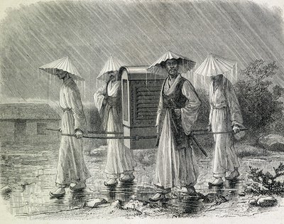 Coreani vestiti in un palanchino (abito da pioggia dei coreani) che trasportano una sedia. Illustrazione tratta da 