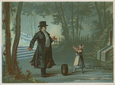 Cosette alla fontana; scena da I Miserabili di Victor Hugo da French School