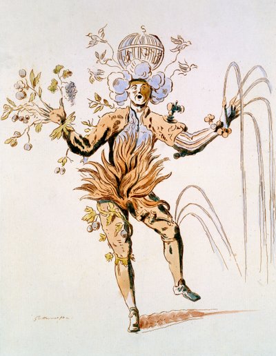Design del costume per i quattro elementi in un balletto di corte del XVII secolo, facsimile di Guillaumot fils (incisione colorata a mano) da French School