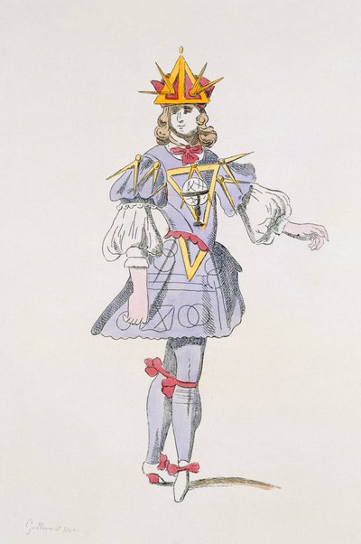 Costume per Geometria in un balletto di corte del XVII secolo, dalla collezione Menus Plaisirs, facsimile di A. Guillaumot Fils (incisione a colori) da French School