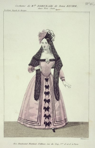 Costume per Mademoiselle Dorus nel ruolo di Donna Elvira in Don Giovanni, inciso da Maleuvre, stampato da Hautecoeur-Martinet da French School