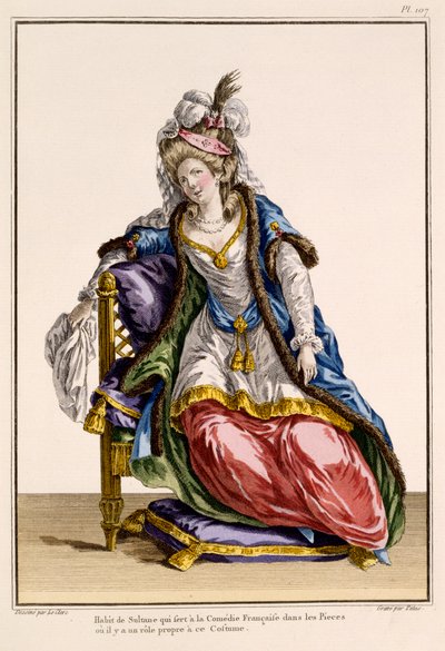 Costume per la moglie del Sultano in La Comédie Française, stampa di Patus (incisione colorata a mano) da French School
