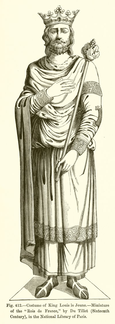 Costume di Re Luigi il Giovane, miniatura dei Rois de France, di Du Tillet, XVI secolo, nella Biblioteca Nazionale di Parigi da French School