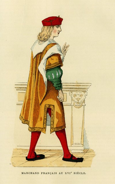 Costume di un mercante francese nel XVII secolo. Incisione a colori, in “France et les francais a travers les siecles” di Augustin Challamel, F.Roy editore, Parigi 1882. Collezione Selva. da French School