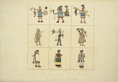 Costumi disegnati dai pittori messicani del tempo di Montezuma, illustrazione da Vues des Cordillères et Monumens des Peuples Indigènes de l