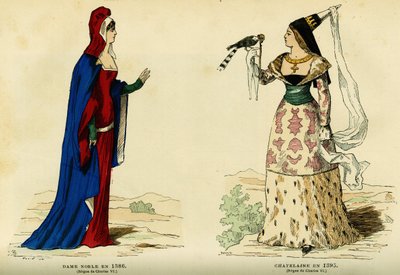 Costumi di una nobildonna nel 1386 e di una castellana nel 1395 (regno di Carlo VII 1403-1461). Incisione a colori, in “France et les francais a travers les siecles” di Augustin Challamel, F.Roy editore, Parigi 1882. Collezione Selva. da French School