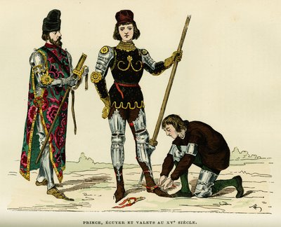 Costumi del principe, del suo scudiero e del suo valletto, nel XV secolo. Incisione a colori, in 