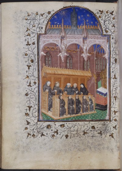 Cott Dom A XVII f.122v Frati in abito nero che cantano in un coro, dal Salterio di Enrico VI, Parigi, c.1420 da French School